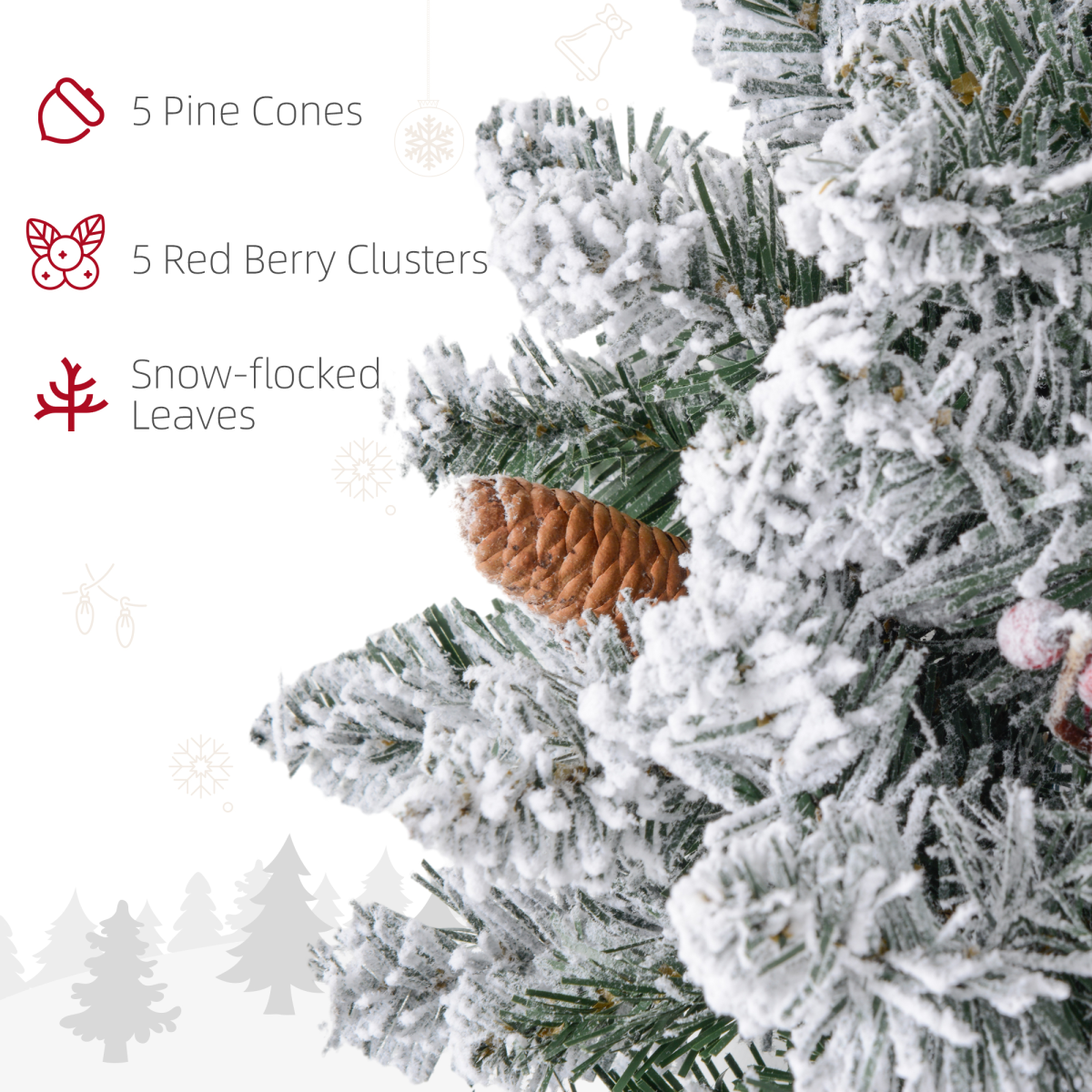detailed view of 60cm Flocked Christmas Wreath with Lights Pine Cones Red Berries Green