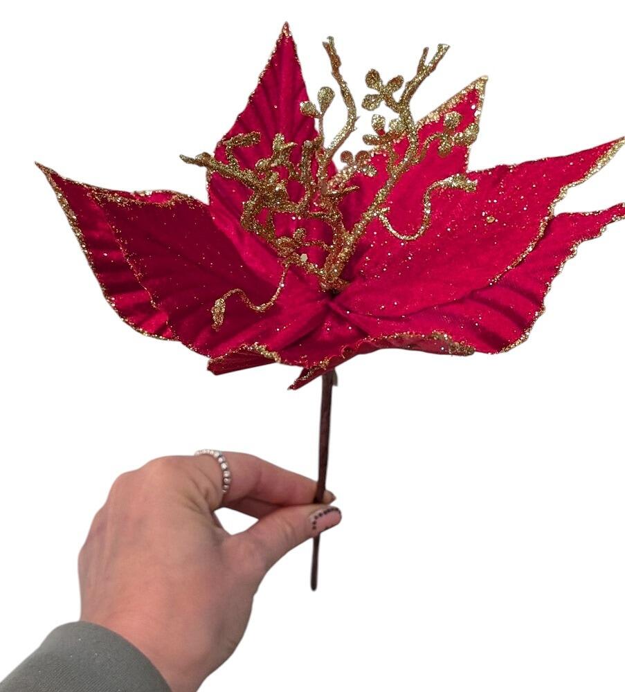 red poinsettia christmas pick large artificial stem