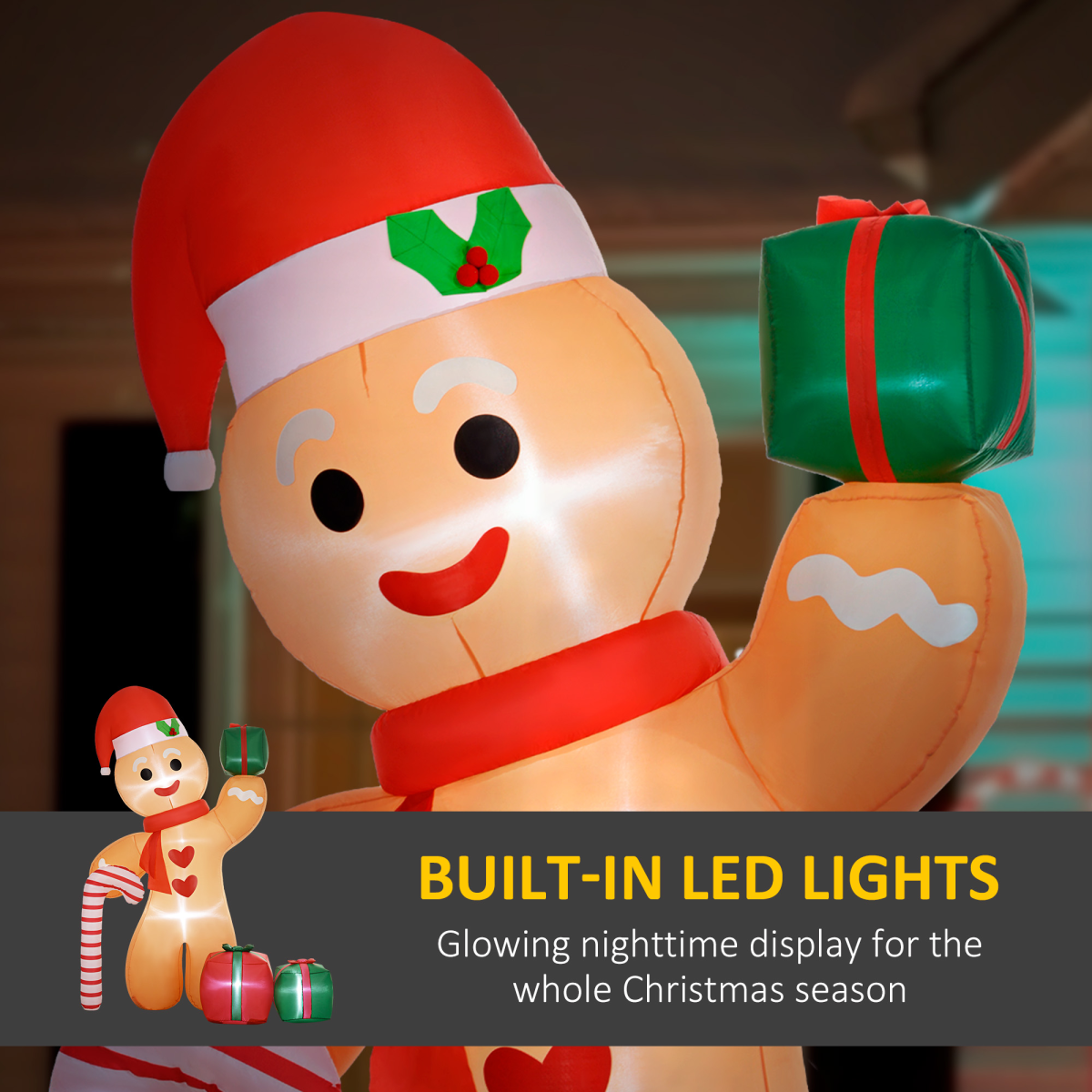 Detailed image of 8FT Christmas Blow Up Gingerbread Man with Candy Cane for Party, highlighting build and finish.