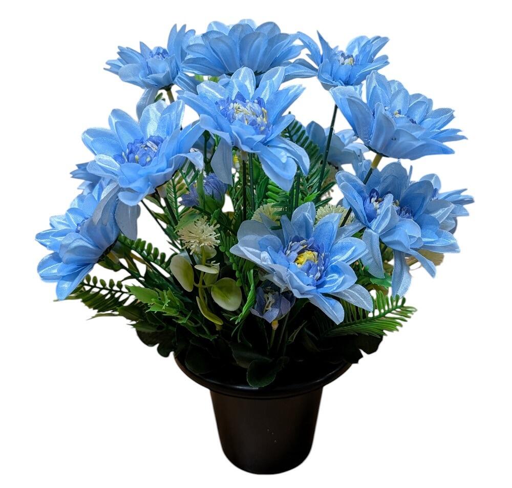 grave pot with flowers blue artificial dahlia