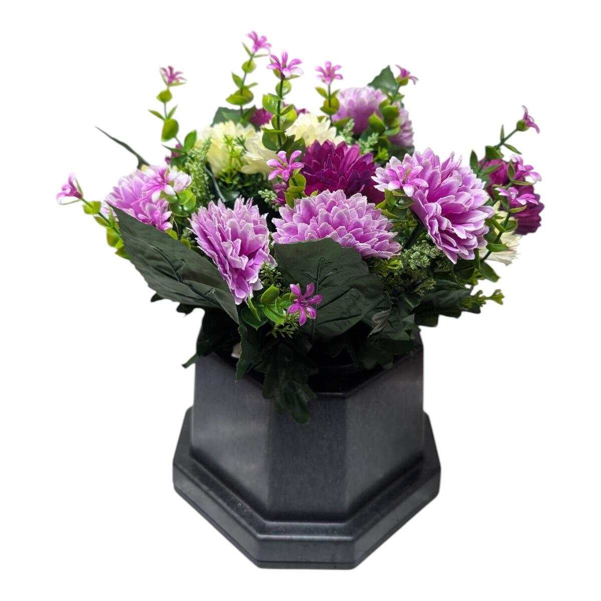Artificial Grave Flowers in Memorial Base - Purple and Lilac Chrysanthemum