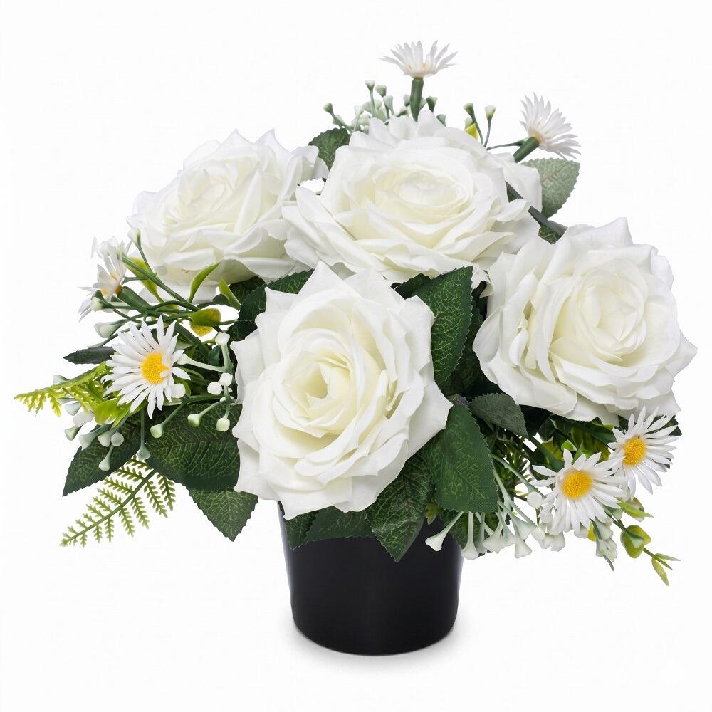 cemetery pot grave with roses artificial flowers white ivory