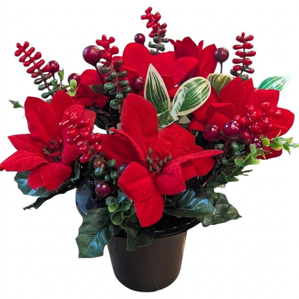 cemetery Grave Pot with Artificial Christmas Flowers Red Poinsettia, Berries and Foliage