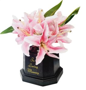 Black Flower Grave Vase with Included Pink Lilly Artificial Flowers