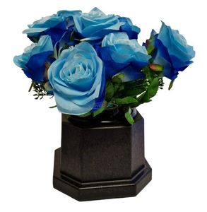 grave vase with artificial flowers blue roses pot