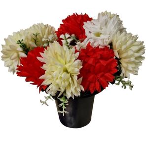 grave pot with red white flowers