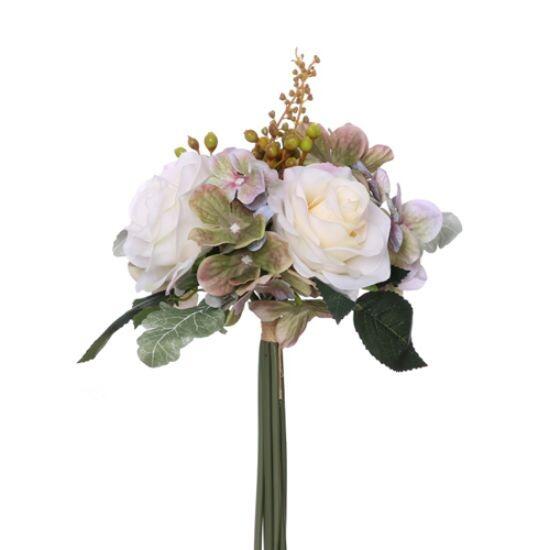 Artificial Cream and Lilac Rose and Hydrangea Flower Bunch 28cm
