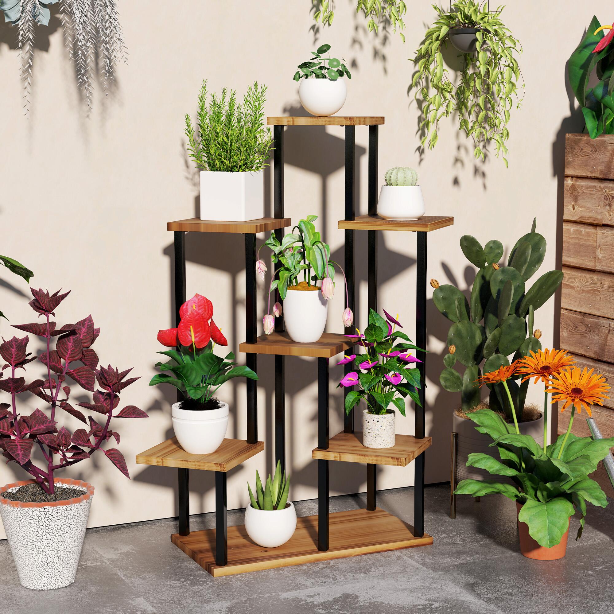 7 Tier Plant Stand Tall Steel Wood Plant Shelf