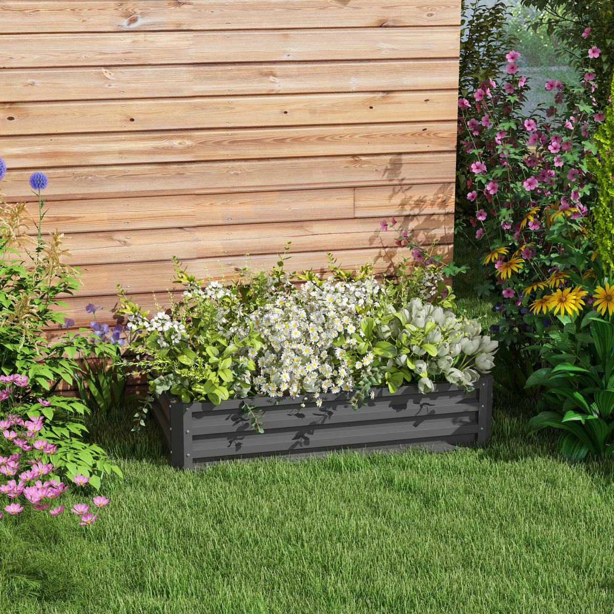 Raised Garden Bed Elevated Planter Box for Flowers Light Grey