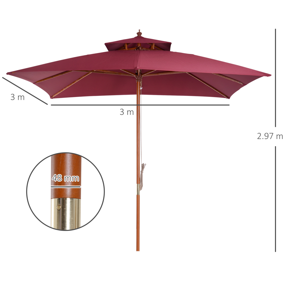 3m Patio Umbrella Bamboo Umbrella Parasol - Wine Red
