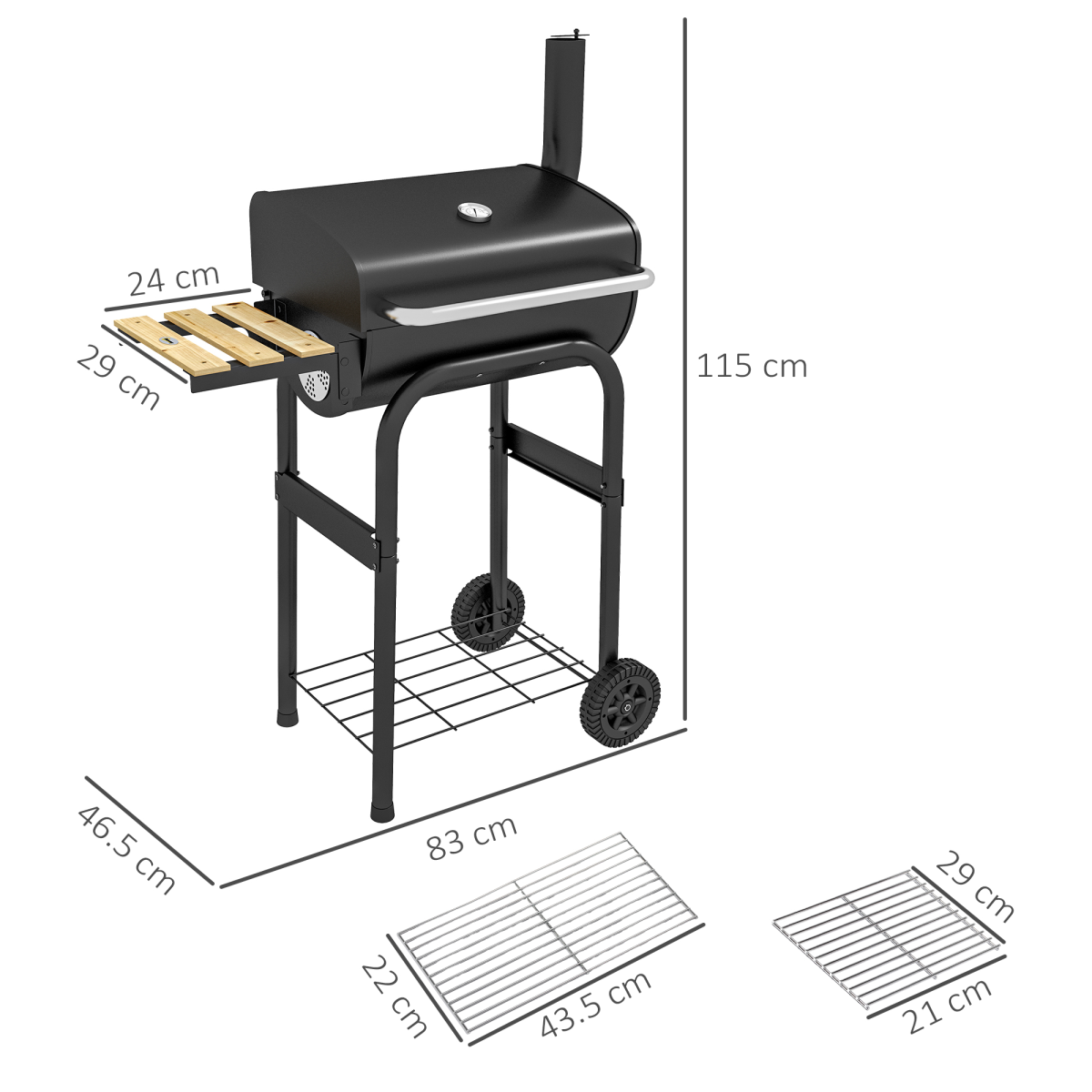 Charcoal Barbecue BBQ Grill Trolley - Shelves, Lid and Thermometer