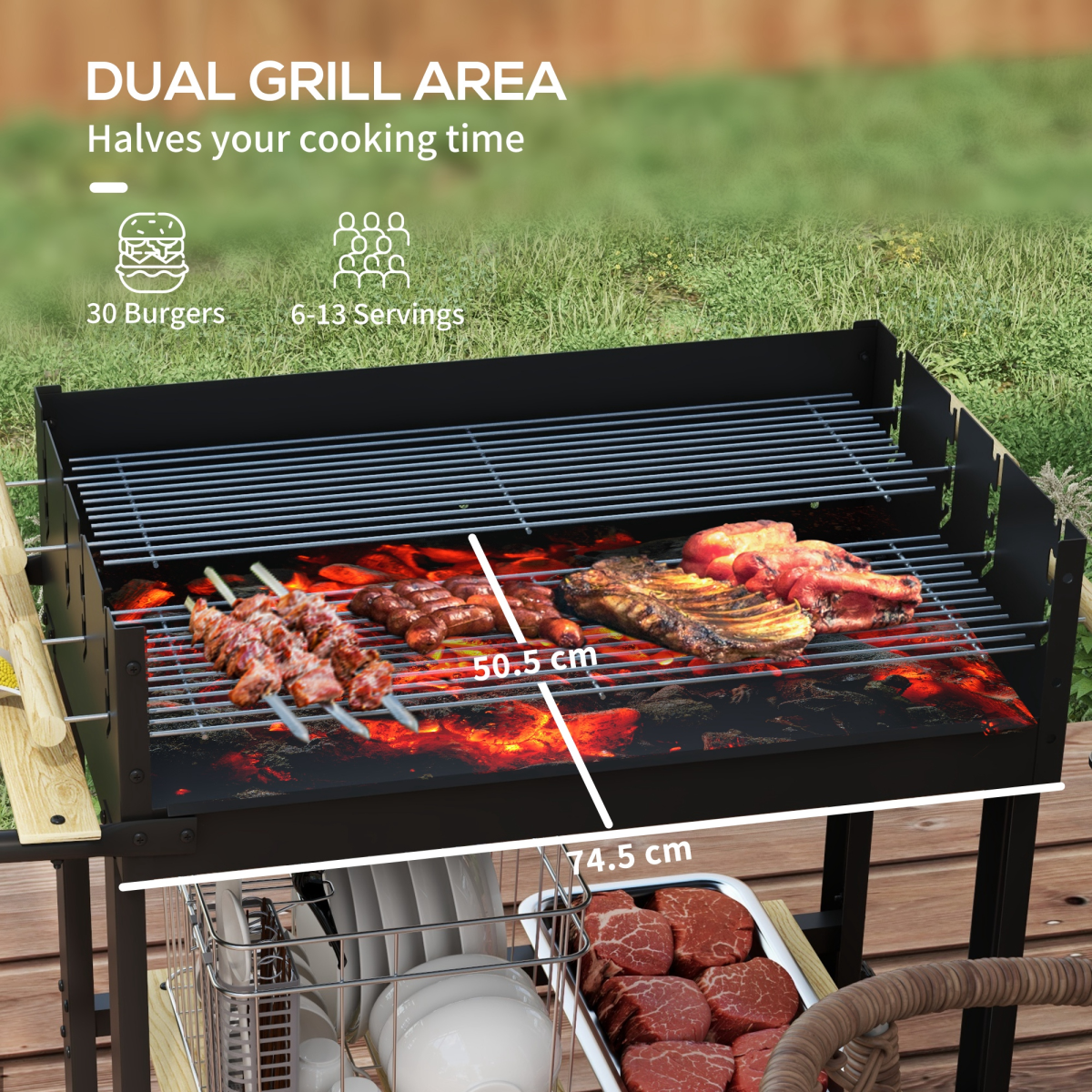 Charcoal BBQ Grill with Side Table & Storage Shelf