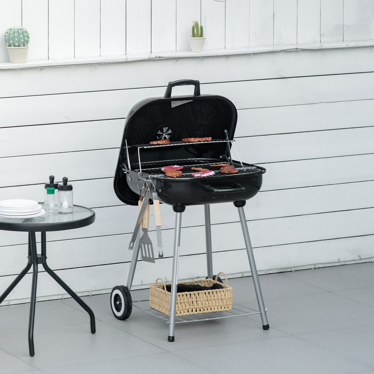 BBQ Charcoal Smoker Grill Trolley with 2 Wheels