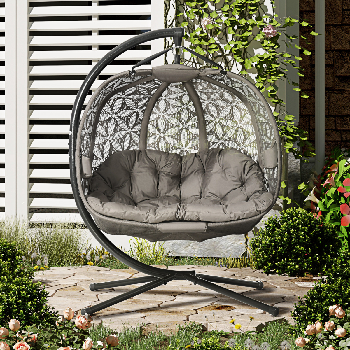 Double Hanging Swing Chair Stand & Cup Holders, Brown