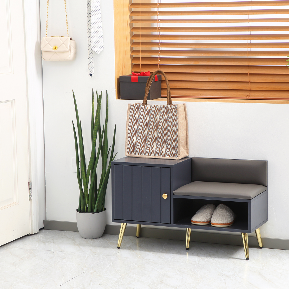 shoe bench with storage cabinet seating cushion for view 7
