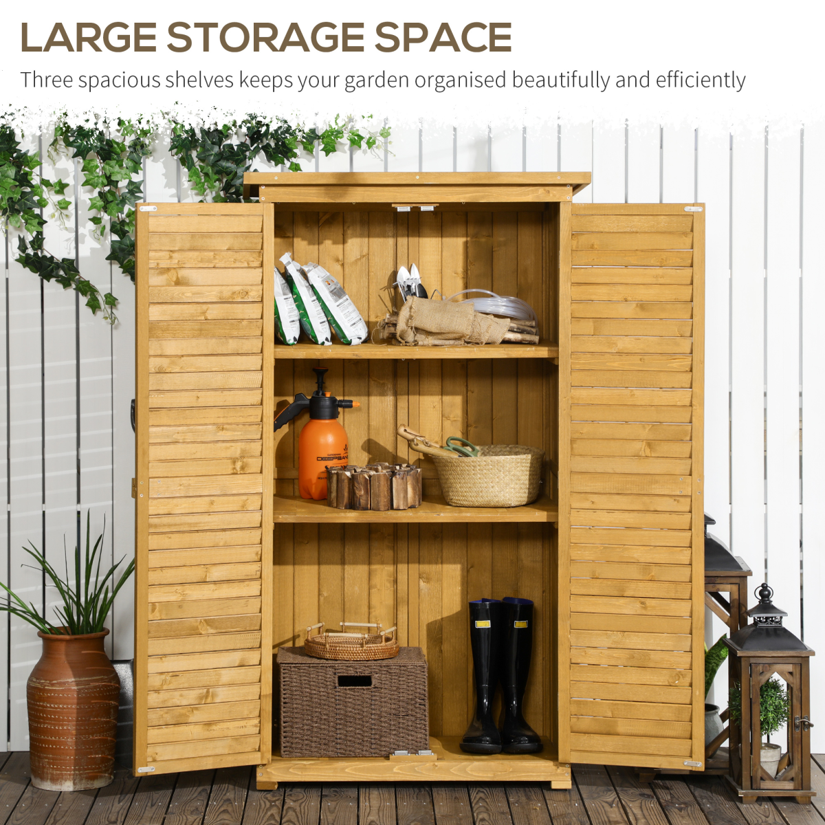 wooden garden storage shed unit 3tier shelves tool view 8