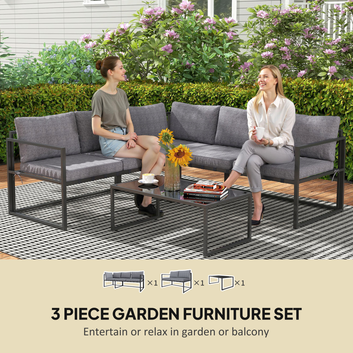 outsunny 3 piece l shaped garden furniture set view 4