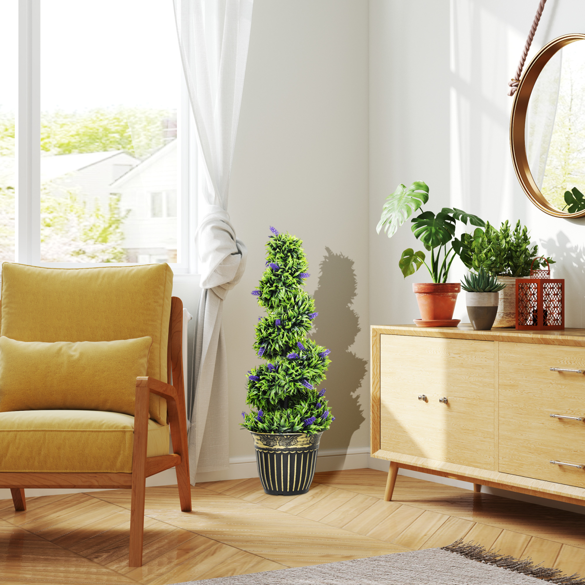 image of set of 2 decorative artificial plants with lavender and pot, 90cm view 9