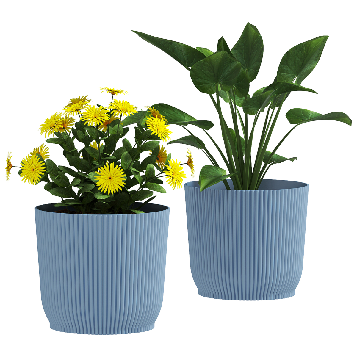 image showing set of 2 round plant pots outdoor 22cm for garden decoration, blue