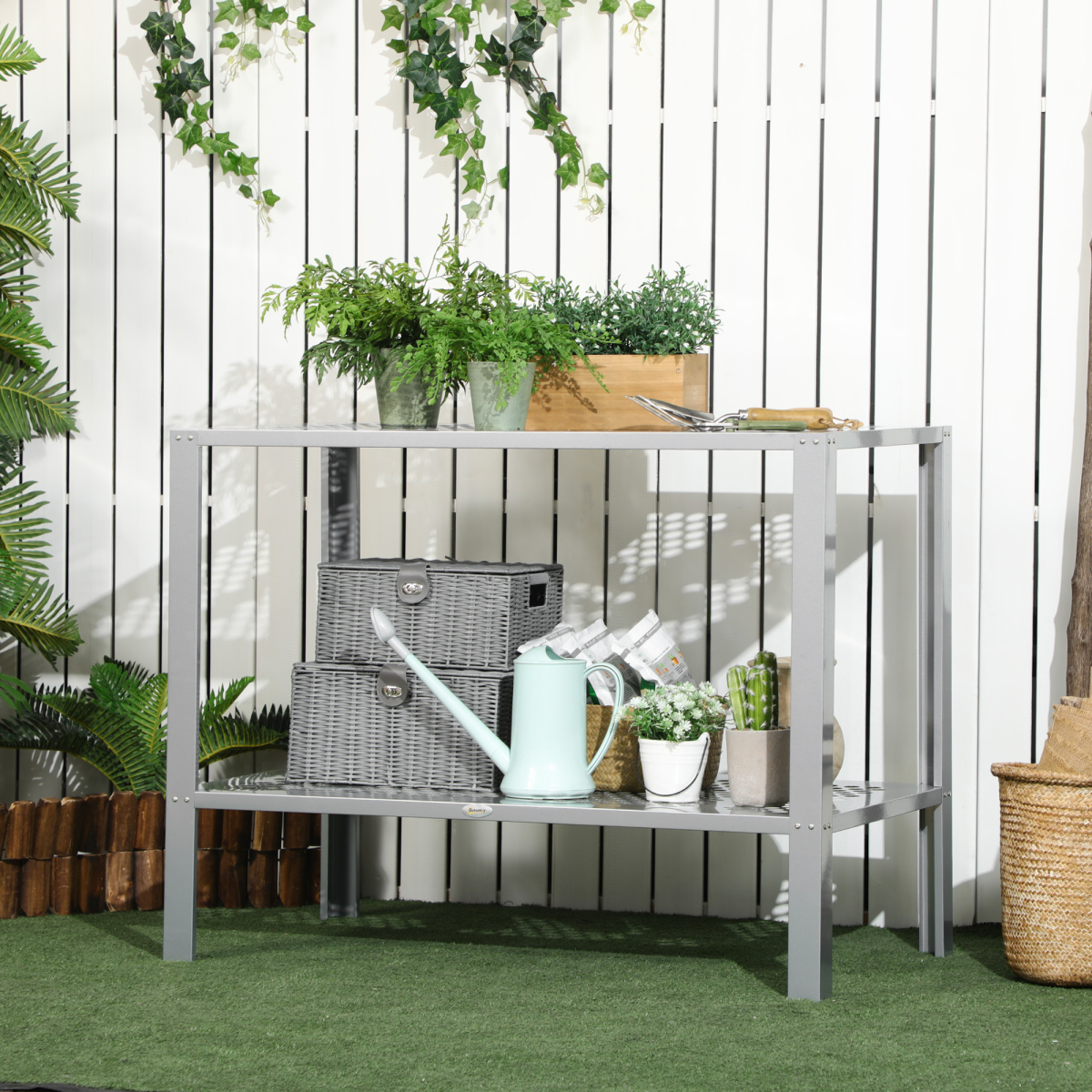 photo of 2-tier plant stand storage organizer steel display shelf for patio on display