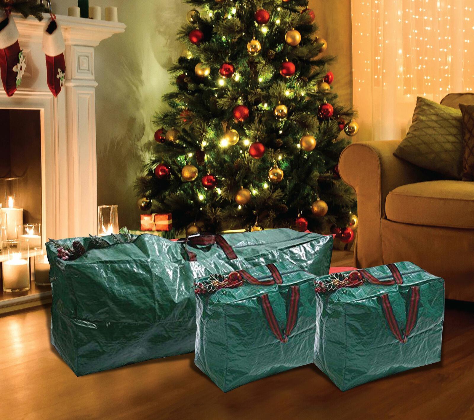 image showing 3x christmas storage zip bags tree, decorations, lights with handles - 1xl, 2xs