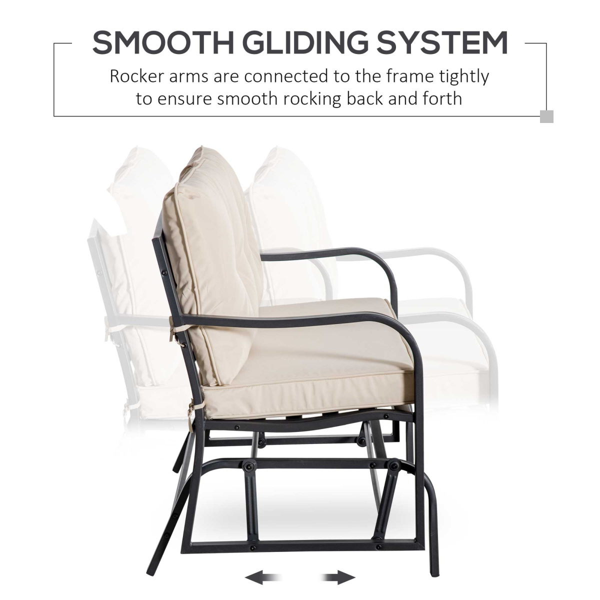 Close-up of 2-person rocking chair with armrest & weather resistant cushions, khaki