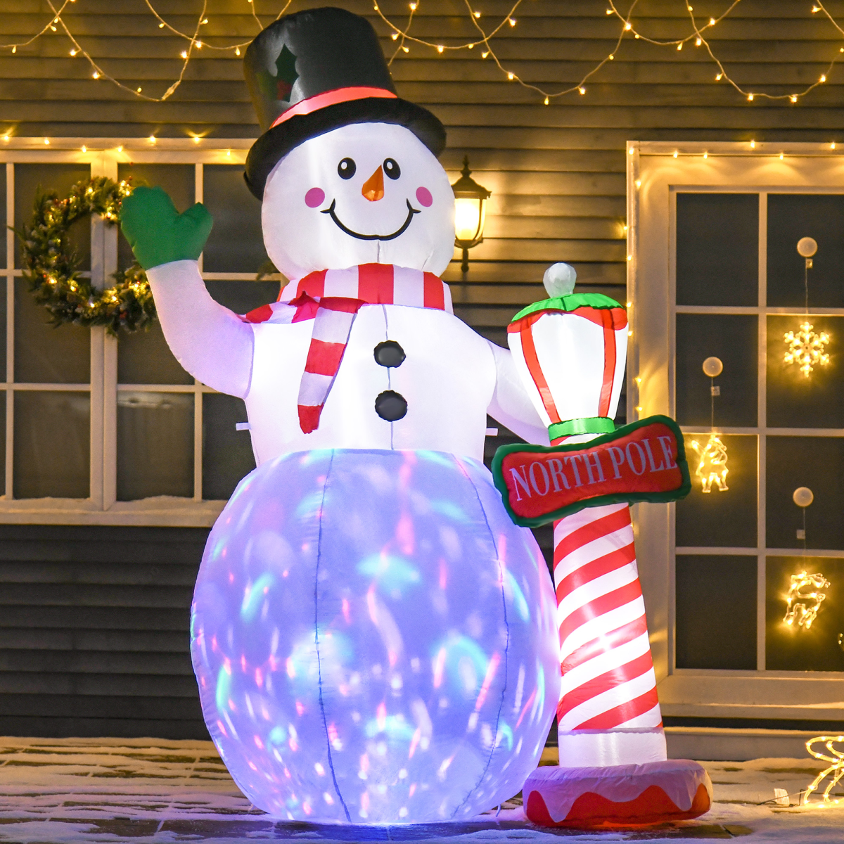 photo showing 8ft Tall Christmas Inflatable Snowman Street Lamp Lighted Garden Lawn