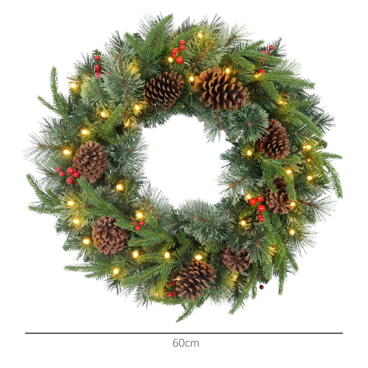 image of 60cm Christmas Wreath with LED Lights Pine Cones Red Berries Green