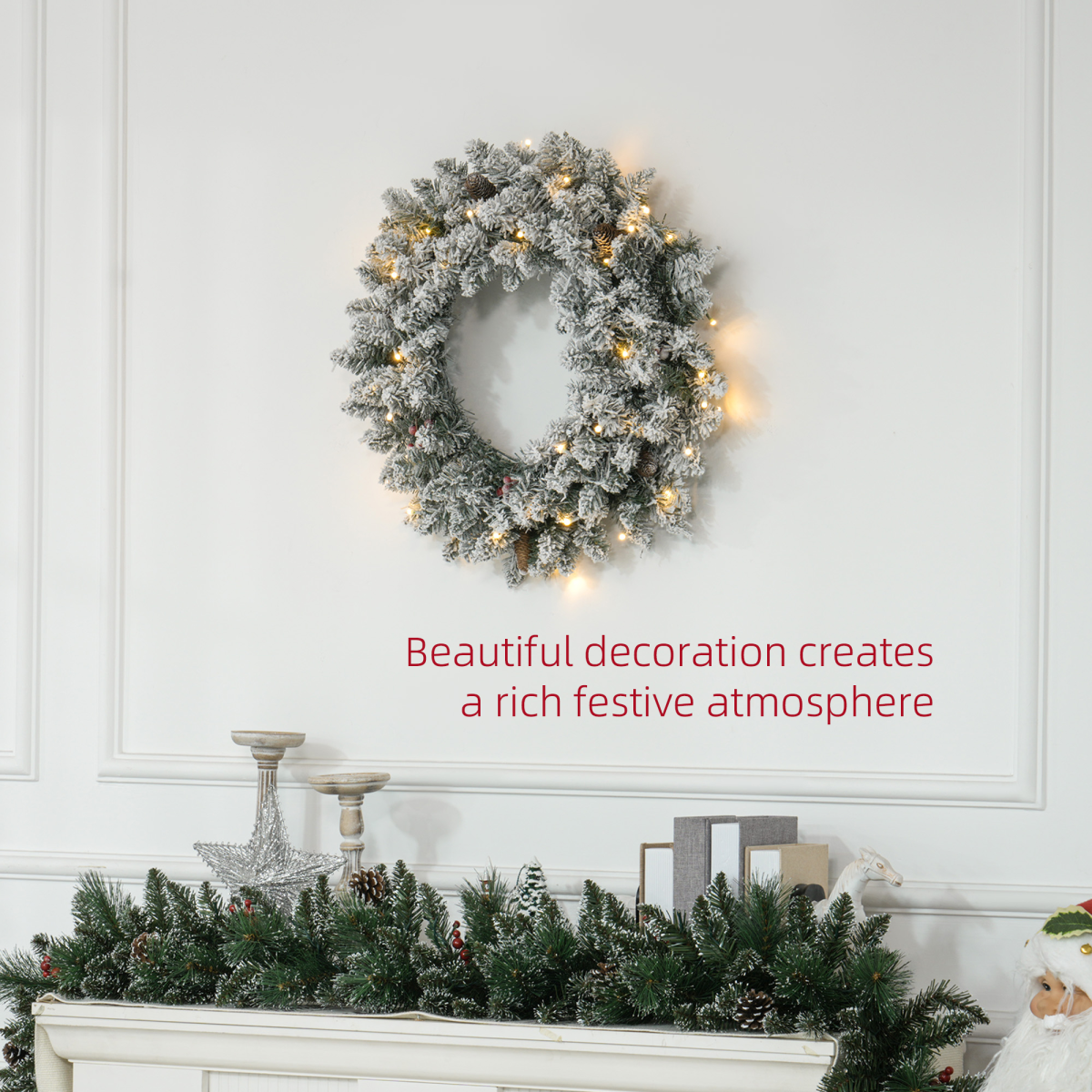 product photo of 60cm Flocked Christmas Wreath with Lights Pine Cones Red Berries Green