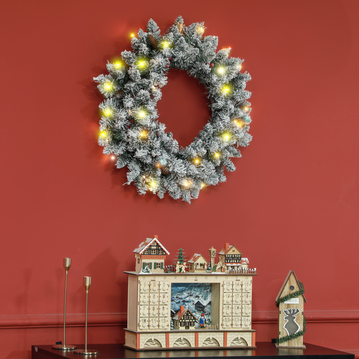 clear picture of 60cm Flocked Christmas Wreath with Lights Pine Cones Red Berries Green