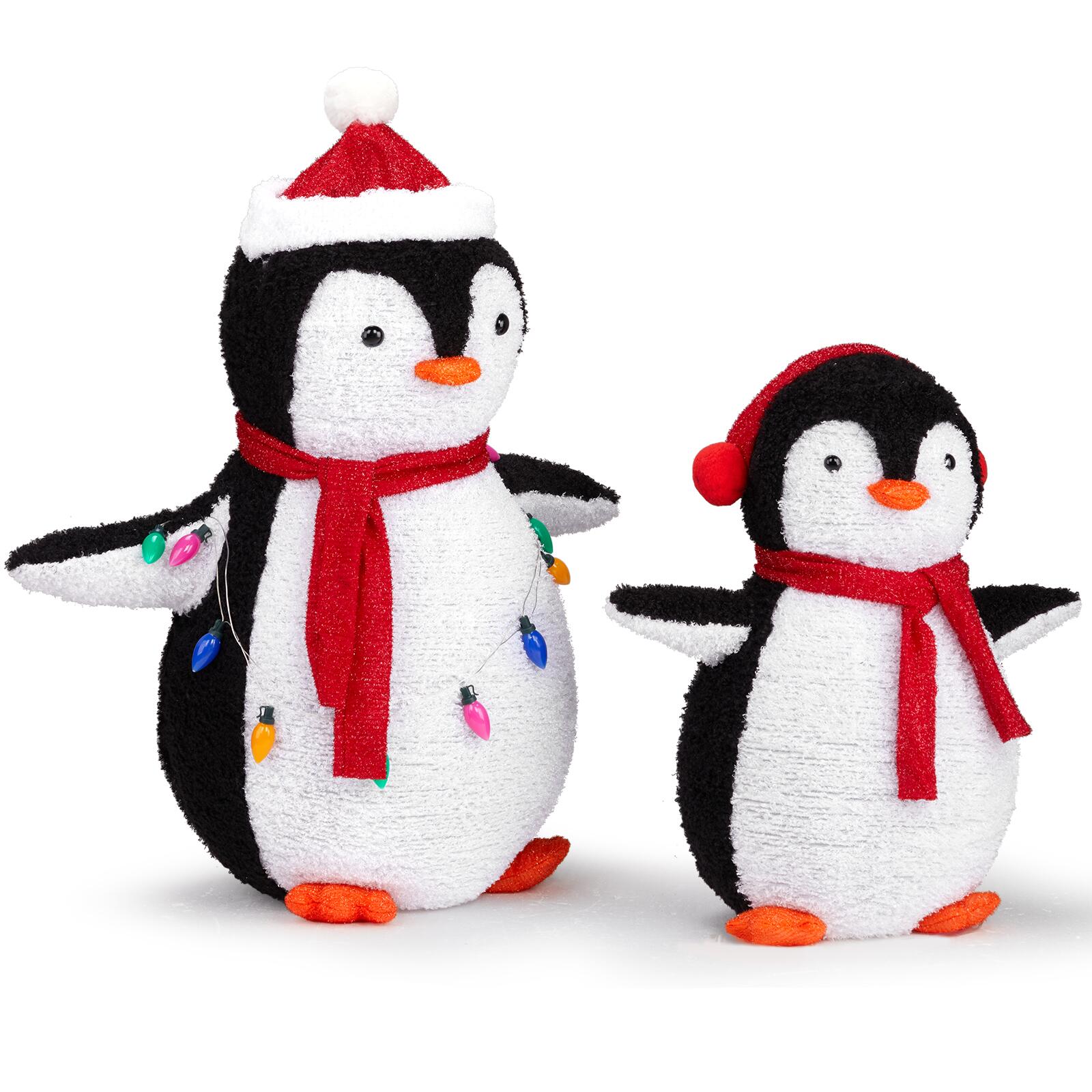 2-Piece Lighted Plush Penguins Christmas, Set of 2 Pre-lit Pull Up Penguins