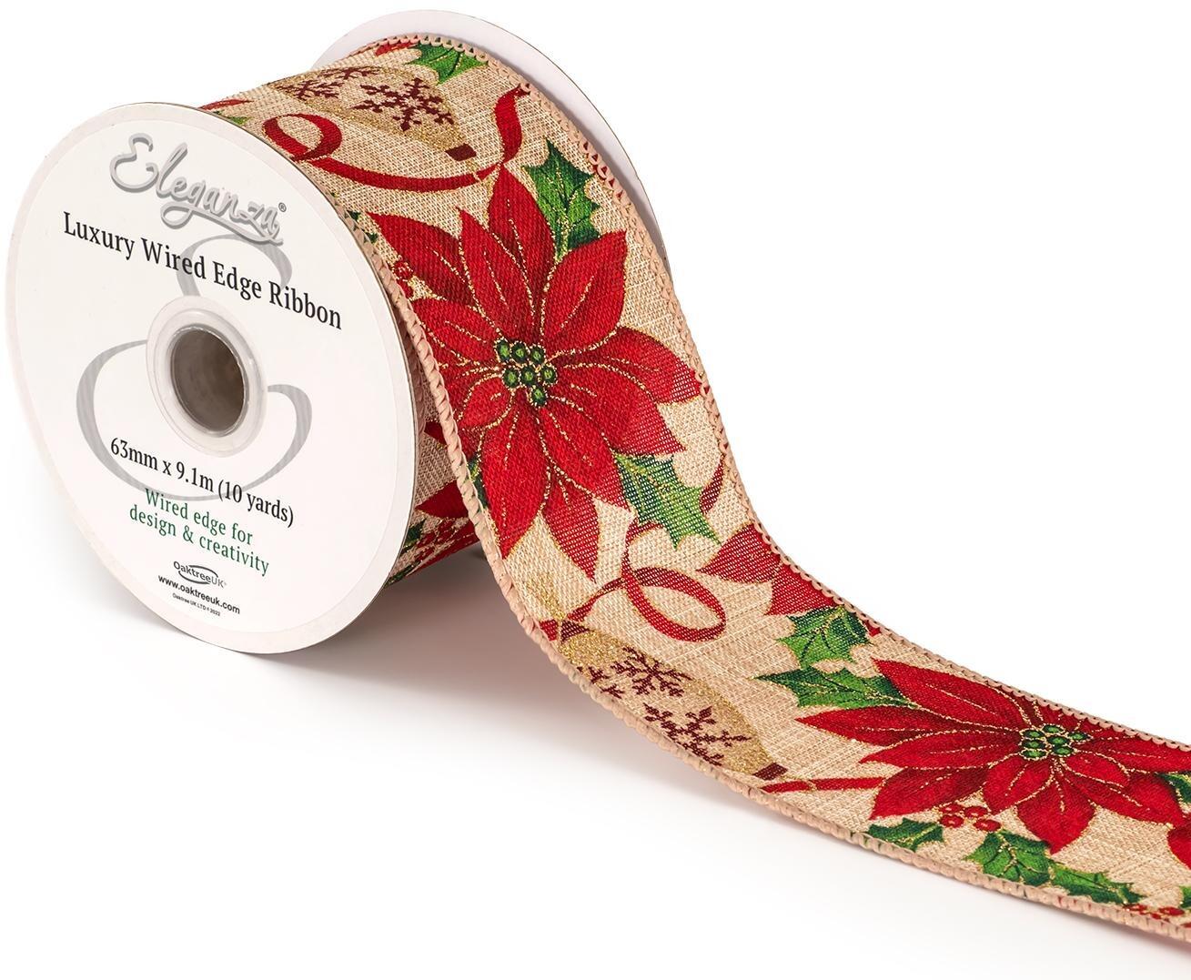 Christmas Ribbon with Red Poinsettia Design