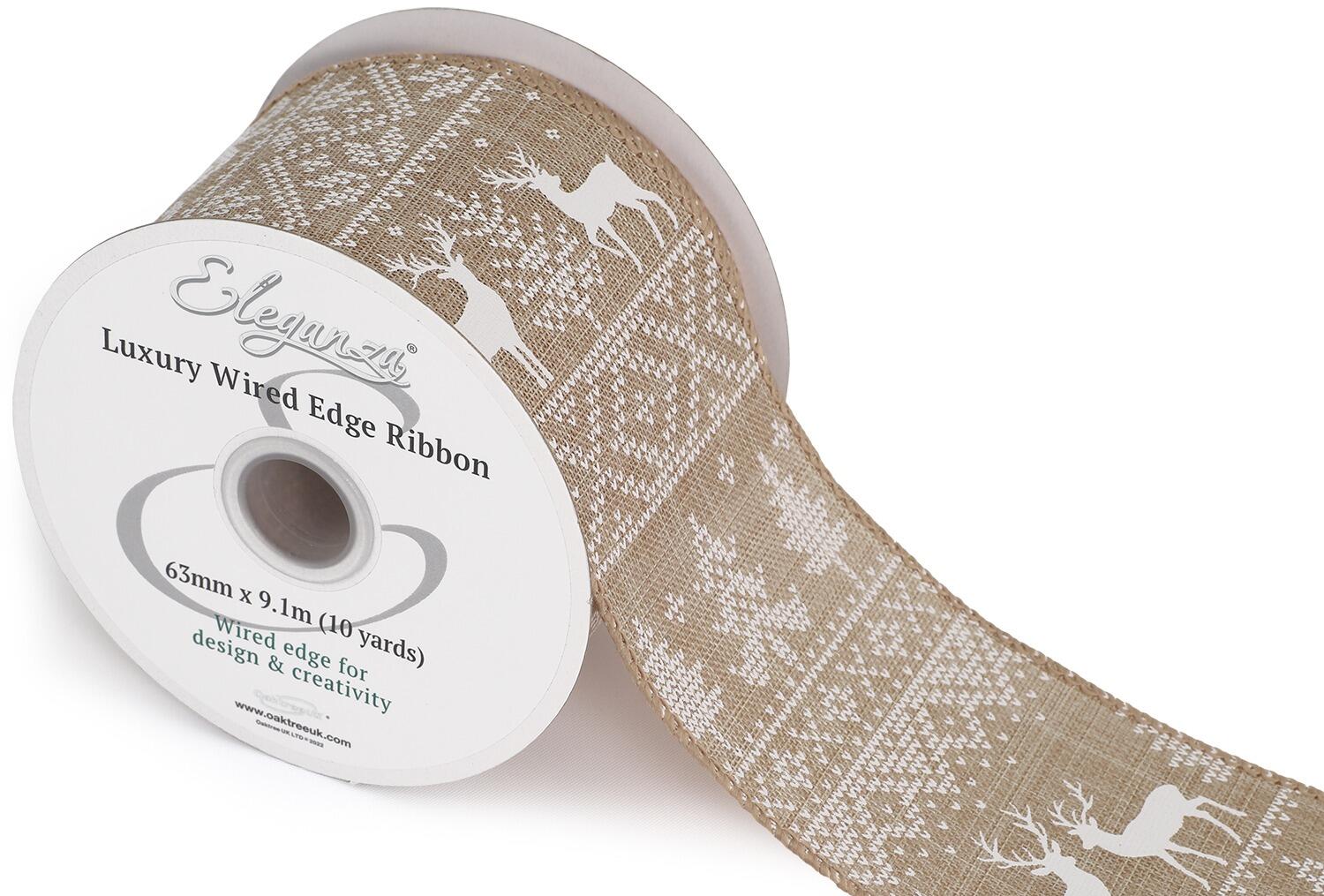 Wired Edge Festive Reindeer ribbon 63mm x 9.1m