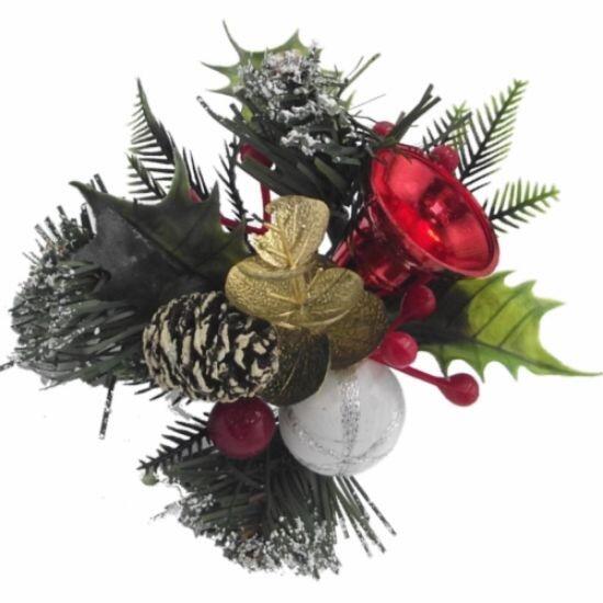 Christmas Artificial Pick with Red Bell and Cone on a pick