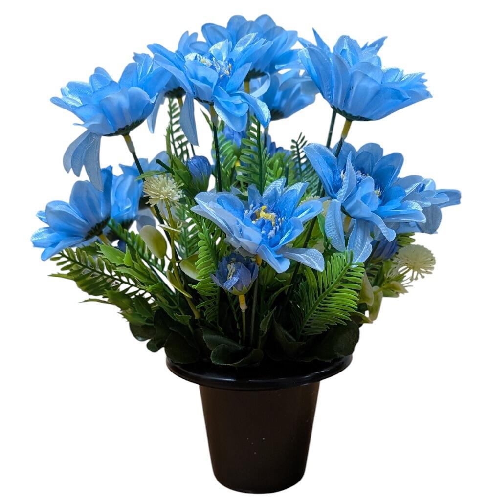 grave pot with flowers blue artificial dahlia