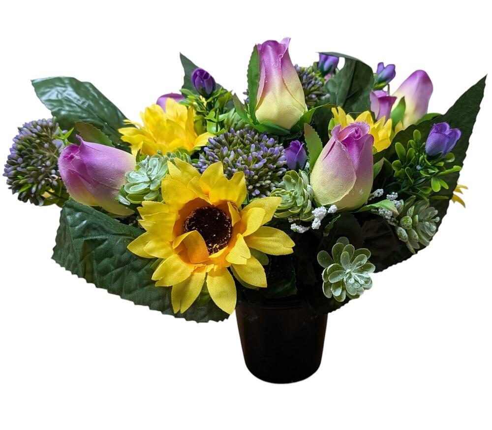 Cemetery Pot with Mixed Sunflower and Rose Artificial Flowers