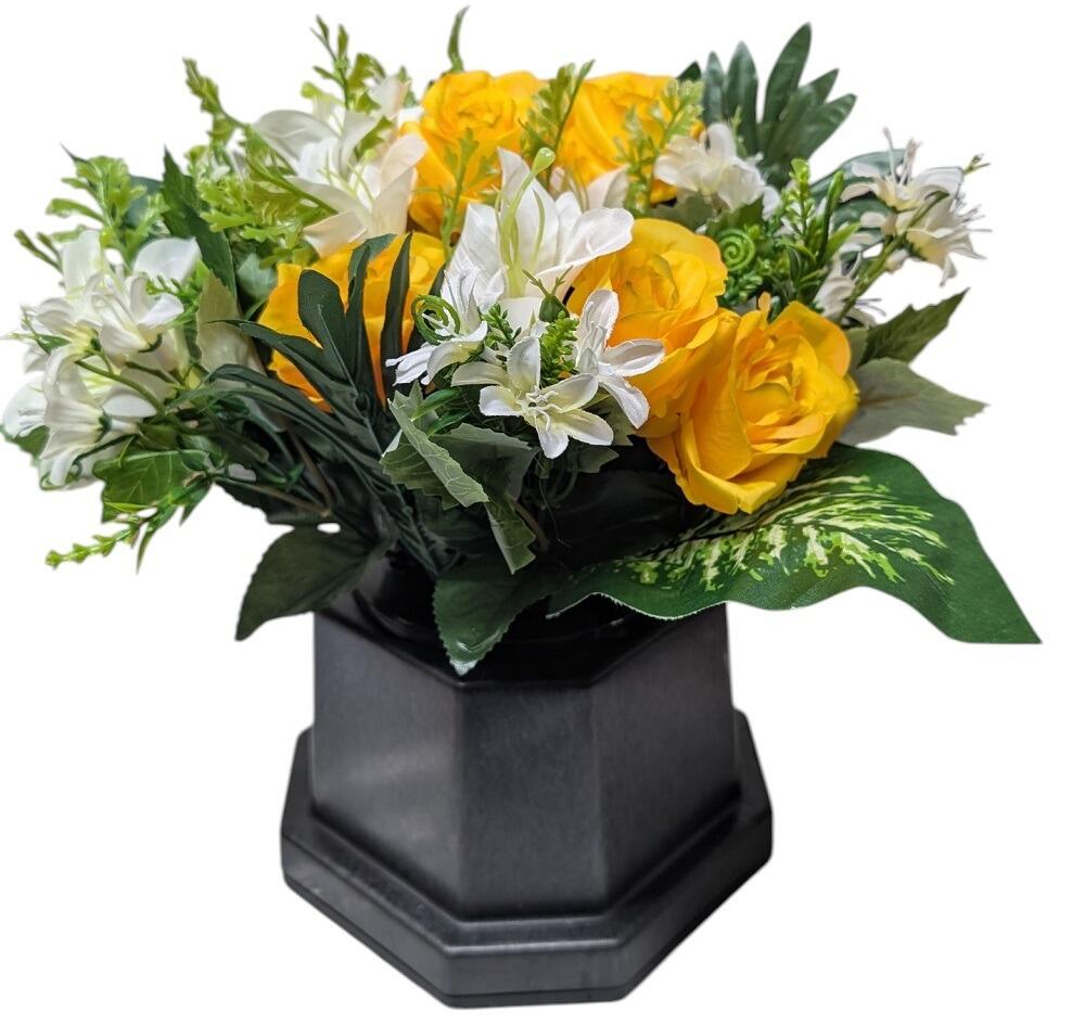 Grave Flower Arrangement in Memorial Base Yellow Rose Mix