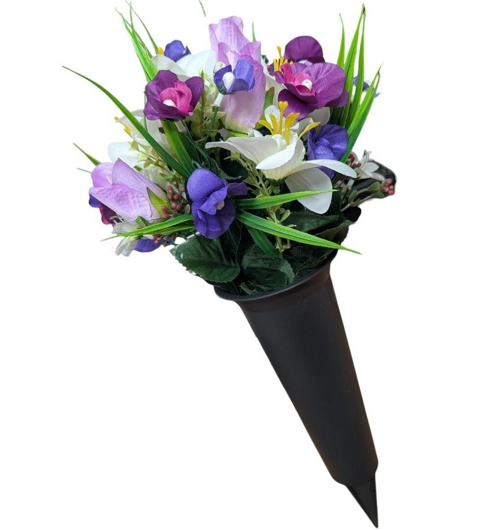 Black Grave Spike Vase with Alstro, Rosebud and Orchid Flowers Purple Ivory