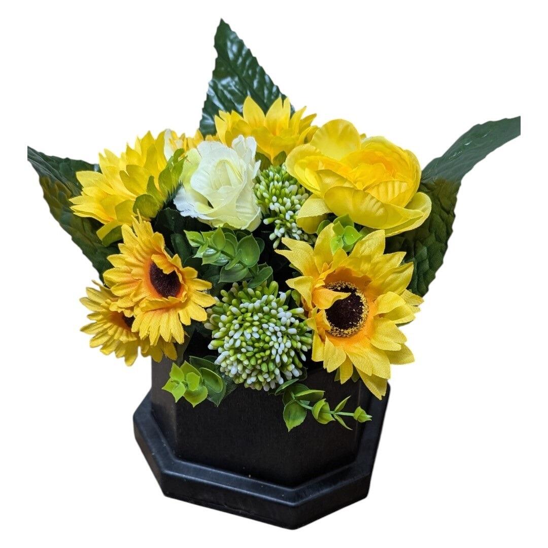 Artificial Grave Flowers in Memorial Pot Yellow Sunflowers