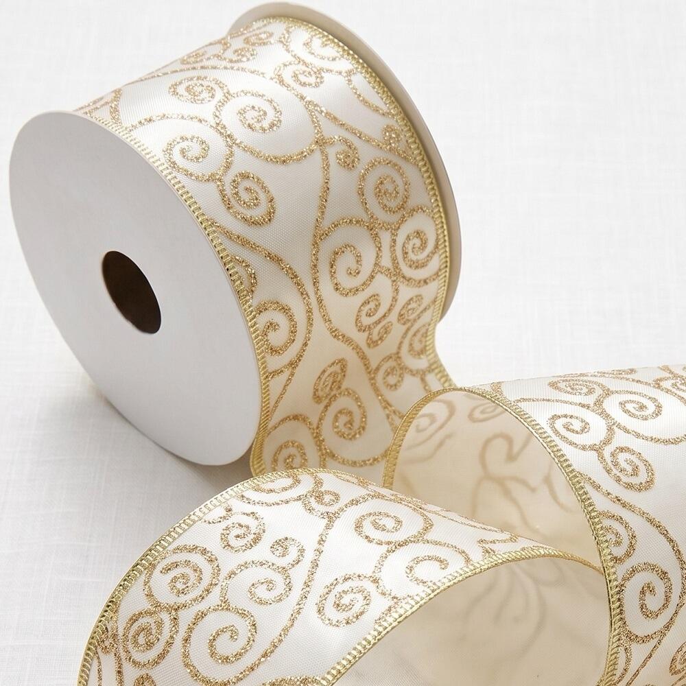Christmas Fabric Wired Edge Ivory & Gold Swirl Ribbon