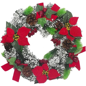 40cm SPRUCE CHRISTMAS WREATH WITH VELVET POINSETTIAS SNOW CONES BERRIES AND BOW RED/WHITE