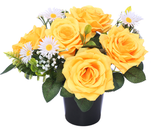 grave cemetery pot with artificial flowers roses yellow