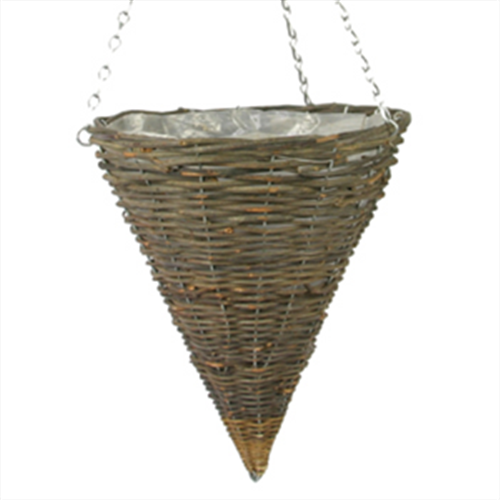 BLACK RATTAN CONE PLASTIC LINED HANGING BASKET 12 INCH