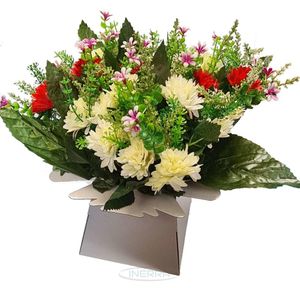 artificial flower bouquet with greenery and vase