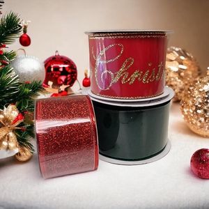 1.5 Inch Red Glitter Christmas Ribbon with a Wired Edge, 10 Yards Bulk,  Wholesale Wired Christmas Ribbon