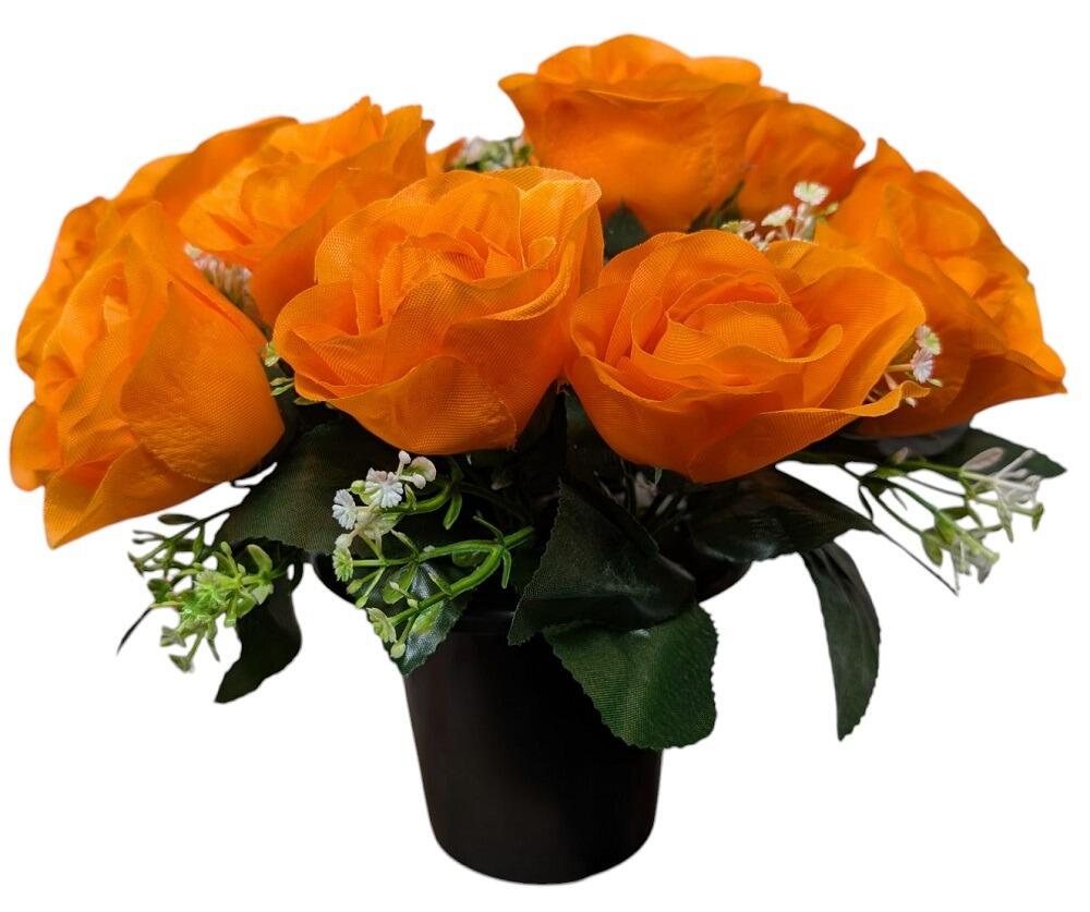 grave pot with orange roses artificial flowers