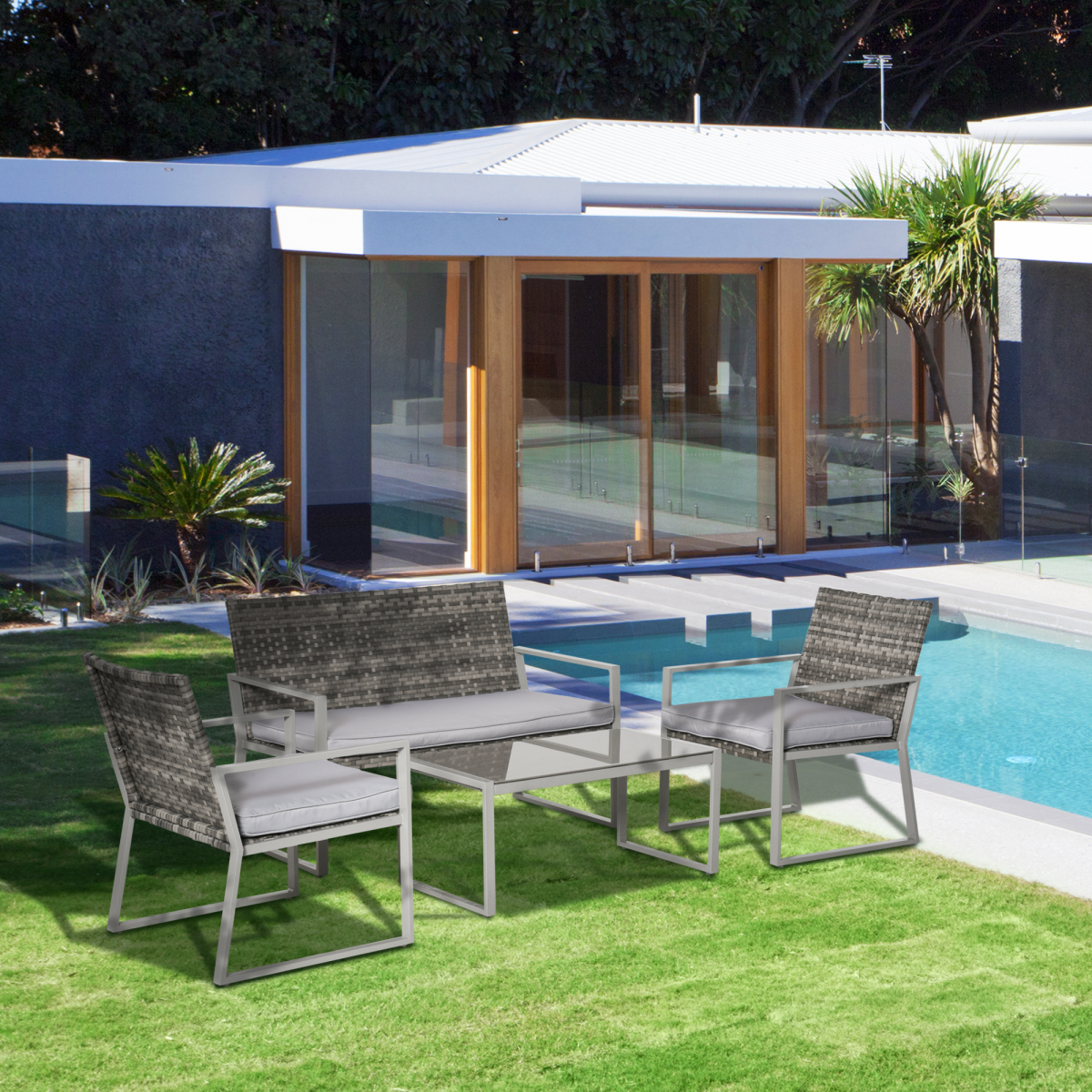 4piece outdoor garden rattan seating furniture set grey view 2