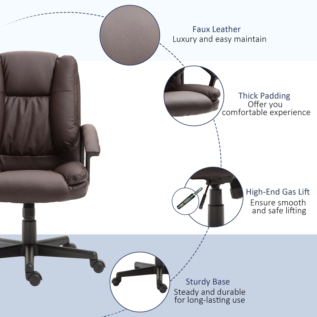 Swivel Executive Office Chair Mid Back PU Leather Chair, Brown