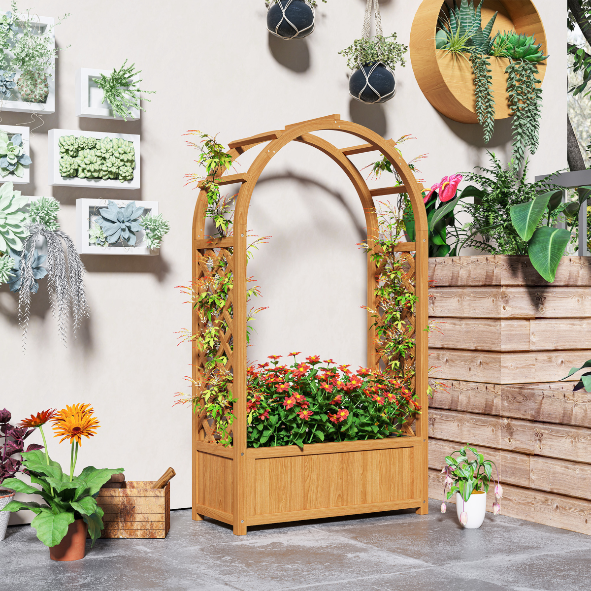 Wooden Raised Garden Bed, Trellis Planter