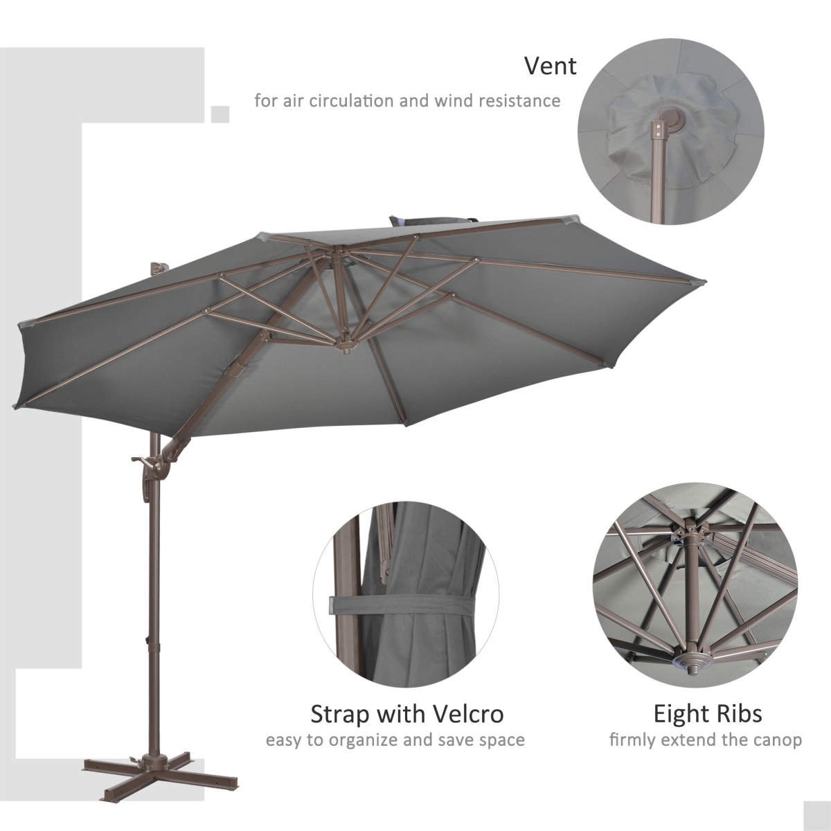 3m Cantilever Parasol 360 Rotation Roma Umbrella with Tilt Grey